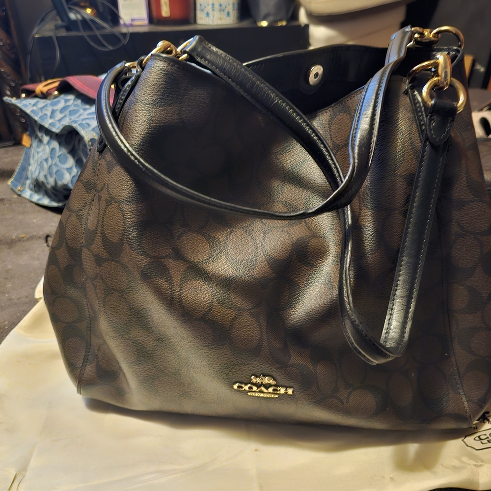 Coach Brown Signature Canvas Shoulder Bag with Black Trim